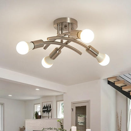 BUXVRCS Semi Flush Mount Ceiling Light Fixture, Modern Sputnik Chandelier Light Fixtures, Industrial Kitchen Light Fixtures Ceiling Mount, 4-Light Dining Room Light Fixture Bedroom (Brushed Nickel)