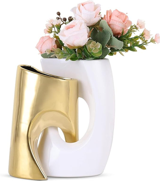 White and Gold Vase Set of 2, Nordic Modern Ins Style Vases, Boho Ceramic Vases for Centerpieces, Mid Century Abstract Donut Vase, Unique Funky Vase for Wedding, Decorative Pampas Grass Vase Decor