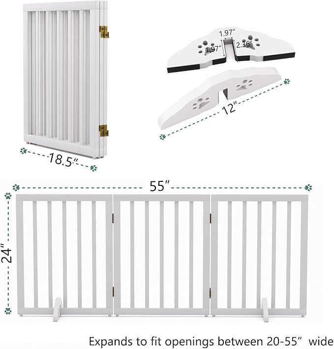 Freestanding Foldable Dog Gate for House - 3 Panels, 24'' Tall, White Wooden Pet Gate for Doorways and Stairs With 2 Support Feet