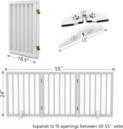 Freestanding Foldable Dog Gate for House - 3 Panels, 24'' Tall, White Wooden Pet Gate for Doorways and Stairs With 2 Support Feet