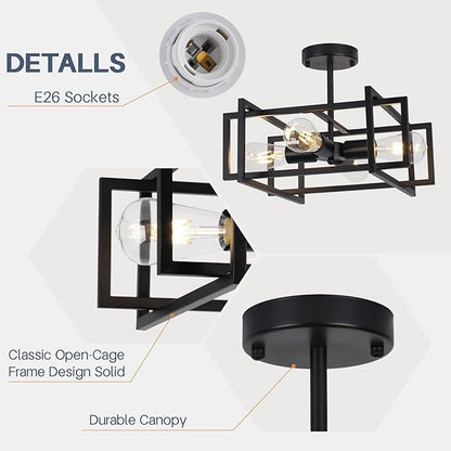 Industrial Semi Flush Mount Ceiling Light Fixture,4-Light Kichen Light Fixture Ceiling Mount,Farmhouse Chandelier,Modern Black Ceiling Light for Dining Room, Bedroom, Hallway