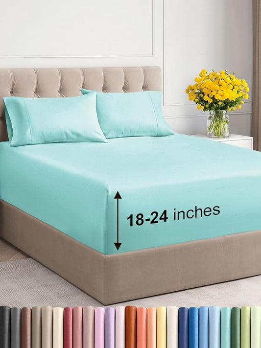 Extra Deep Twin Sheet Set - 4 Piece Breathable & Cooling Sheets - Hotel Luxury Bed Sheets Set - Easy & Secure Fit - Soft, Wrinkle Free & Comfy Sheets Set - Spa Blue Sheet Set with Extra Deep Pockets