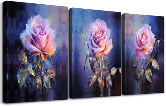 DZRWUBHS Floral Canvas Wall Art Painting Wall Decor for Bedroom Living Room Wall Pictures Modern Office Wall Decorations Rose Flowers Vintage Posters Minimalist Aesthetic Home Decor Artworks 3 Piece