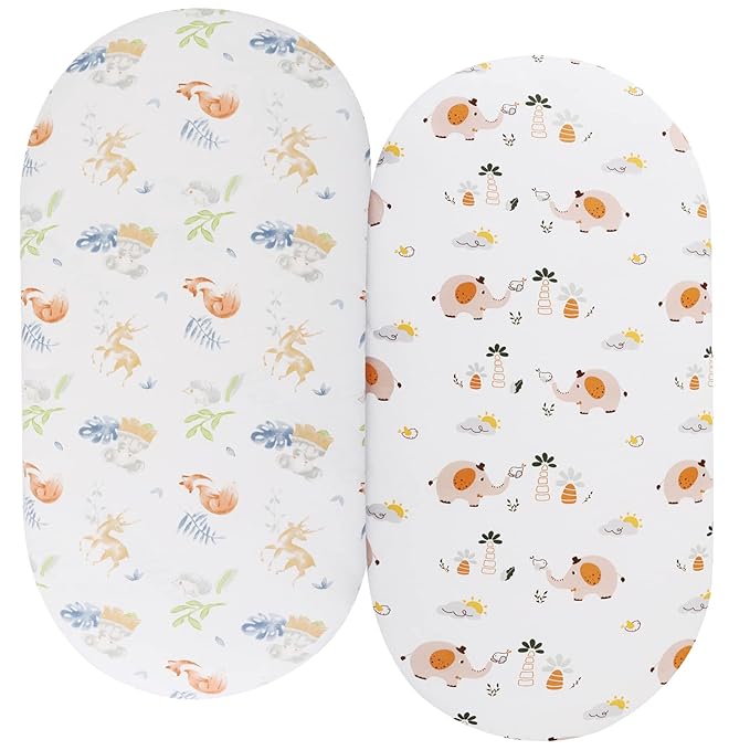 Bassinet Sheets Compatible with Baby Delight Beside Me Dreamer Bassinet, 2 Pack, 100% Jersey Knit Cotton 190GSM, Ultra Soft Breathable, Fox Deer and Elephant