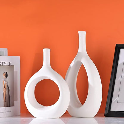 White Ceramic Vase Set 2,Modern Hollow Circle with Hole Flower Vase for Home Decor,for Table Centerpieces,Farmhouse,Fire Place,Living Room,Bedroom,Office,Bookshelf,Rustic Decor