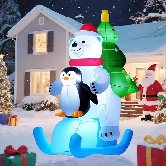 GARIG 7FT Christmas Inflatables Polar Bear and Penguin Outdoor Decorations, Christmas Blow Up Yard Decorations with Built-in LEDs for Xmax Outdoor Party, Yard, Garden
