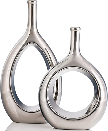 Glossy Silve Ceramic Vase Set 2,Modern Hollow Circle with Hole Flower Vase for Home Decor,for Table Centerpieces,Farmhouse,Fire Place,Living Room,Bedroom,Office,Bookshelf,Rustic Decor