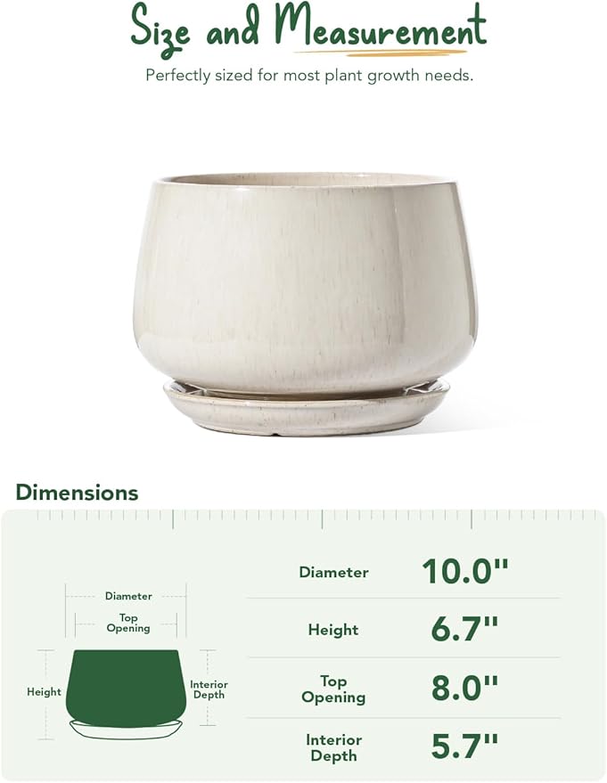 LE TAUCI Ceramic Planters, 10 Inch Plant Pot with Drainage Holes and Saucers, Stylish and Durable Planter, Plant Pots Indoor, Gift for Mom, Reactive Glaze Beige