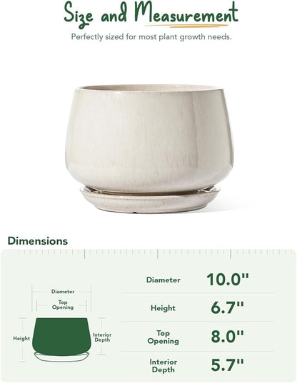 LE TAUCI Ceramic Planters, 10 Inch Plant Pot with Drainage Holes and Saucers, Stylish and Durable Planter, Plant Pots Indoor, Gift for Mom, Reactive Glaze Beige