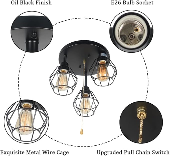 Industrial Pull Chain Ceiling Light Fixture, Black Metal Cage Semi Flush Mount Lighting with Pull String Modern Steampunk Entryway Kitchen Light 3 Lights Edison E26 BW17154