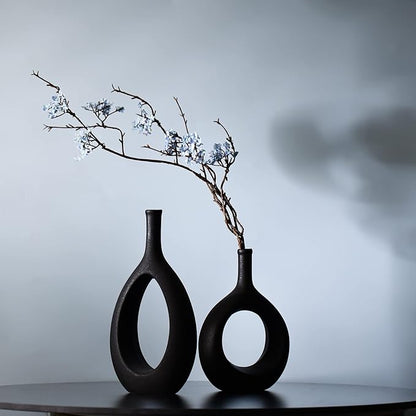 Black Ceramic Vase Set 2,Modern Hollow Circle with Hole Flower Vase for Home Decor,for Table Centerpieces,Farmhouse,Fire Place,Living Room,Bedroom,Office,Bookshelf,Rustic Decor