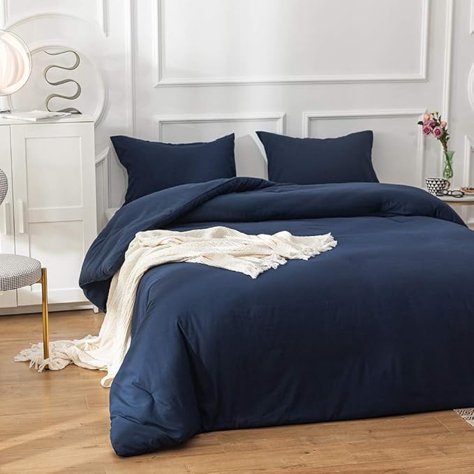 Cottonight Navy Blue Comforter Set Full Dark Blue Bedding Set Full Color Quilts Dark Navy Color All Season Blanket Breathable 3 Piece Comforter Set for Adults Teens