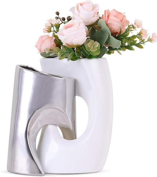 White and Silver Vase Set of 2, Nordic Modern Ins Style Vases, Boho Ceramic Vases for Centerpieces, Mid Century Abstract Donut Vase, Unique Funky Vase for Wedding, Decorative Pampas Grass Vase Decor