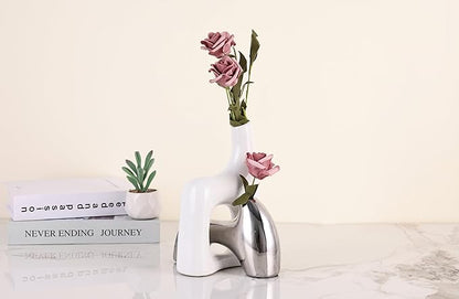 Intertwining Vase Set Snuggle Hollow Ceramic Vase Set of 2 White and Silver Vase Modern Boho Home Decor for Neutral Minimalist Vase for Dining Room Table Centerpiece Dining Room,Wedding Table Deco