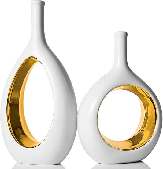 White Gold Ceramic Vase Set 2,Modern Hollow Circle with Hole Flower Vase for Home Decor,for Table Centerpieces,Farmhouse,Fire Place,Living Room,Bedroom,Office,Bookshelf,Rustic Decor