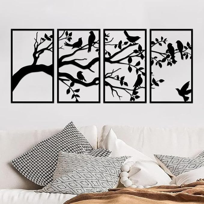 ruelen Wall Decor 4 Pieces Metal Birds and Branch Wall Art, Tree of Life Metal Wall Art, Black Leaves with Birds Silhouette Hanging Wall Sculpture for Indoor Home Bedroom Living Room Office Outdoor