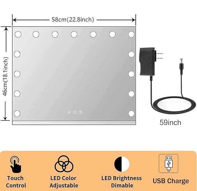 Kottova Vanity Mirror with Lights,23×18" Makeup Mirror,Hollywood Mirror with 15 LED,3 Color Modes & Detachable 10X Magnification Mirror,Slim Metal Frame Design,Smart Touch Control,Plug in