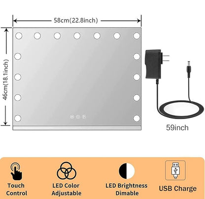 Kottova Vanity Mirror with Lights,23×18" Makeup Mirror,Hollywood Mirror with 15 LED,3 Color Modes & Detachable 10X Magnification Mirror,Slim Metal Frame Design,Smart Touch Control,Plug in