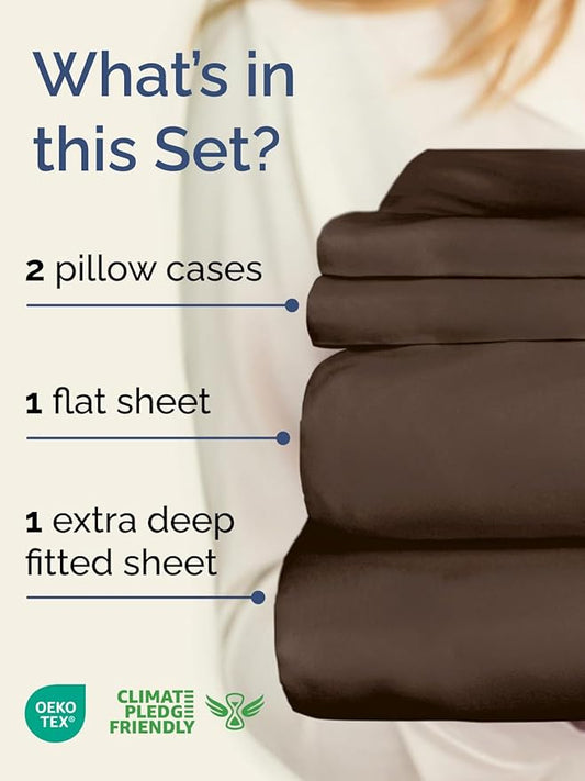 Extra Deep Twin XL Sheet Set - 4 Piece Breathable & Cooling Sheets - Hotel Luxury Bed Sheets Set - Easy & Secure Fit - Soft, Wrinkle Free & Comfy Sheets Set - Brown Sheet Set with Extra Deep Pockets