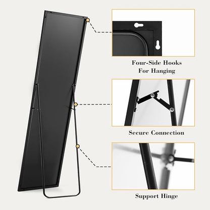 Sweetcrispy Full Length Mirror with stand, 59"x16" Floor Mirror with Aluminum Alloy Frame for Bedroom, Standing Full Body Mirror with Shatter-proorf Nano Glass for wall, Living Room, Cloakroom (Black)