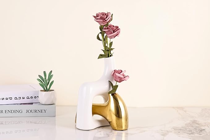 intertwining vase Set Snuggle Hollow Ceramic vase Set of 2 White and Gold vase Modern Boho Home Decor for Neutral Minimalist Vase for Dining Room Table Centerpiece Dining Room,Wedding Table Deco