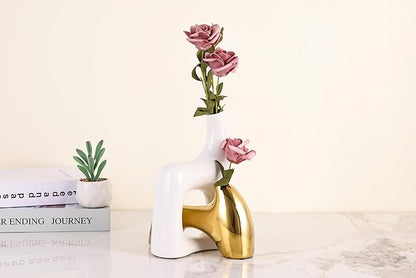 intertwining vase Set Snuggle Hollow Ceramic vase Set of 2 White and Gold vase Modern Boho Home Decor for Neutral Minimalist Vase for Dining Room Table Centerpiece Dining Room,Wedding Table Deco