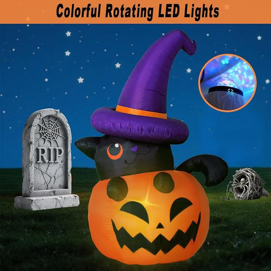 6 FT Halloween Inflatables Pumpkin Outdoor Decorations, Blow Ups Pumpkin Cat Decoration with Built-in Rotating Colorful LED Lights for Holiday Party Yard Garden Lawn