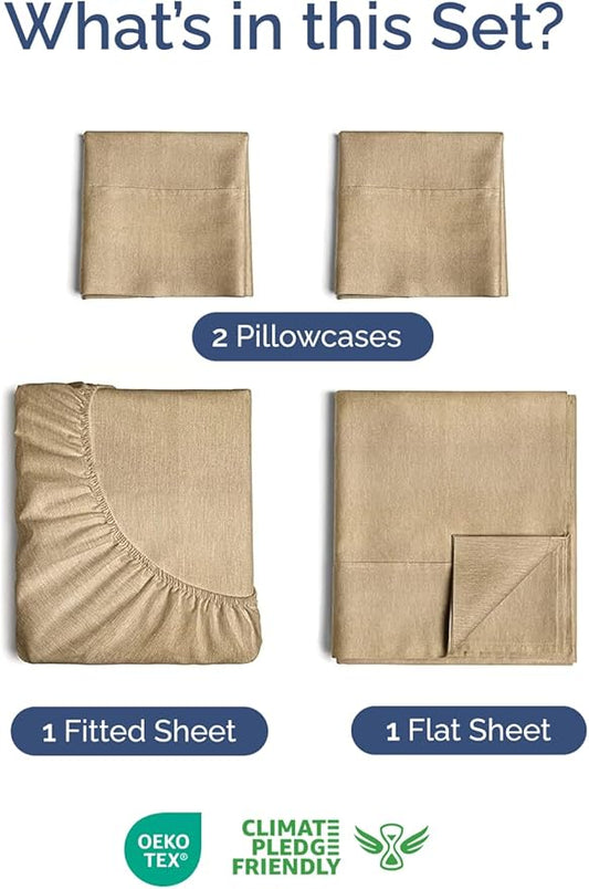 Extra Deep Twin Sheet Set - 4 Piece Breathable and Cooling Sheets - Hotel Luxury Bed Sheets Set - Easy Fit - Soft, Wrinkle Free and Comfy Sheets Set - Heathered Tan Sheet Set with Extra Deep Pockets