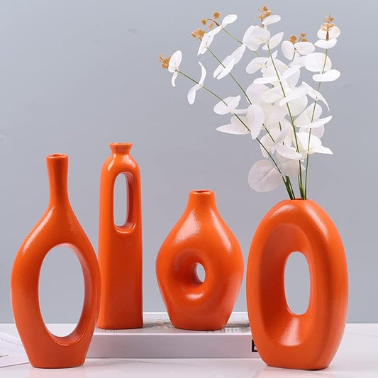 Orange Ceramic Vase Set of 4, Home Decor Circle Hollow Vases for Pampas Grass, Modern Decorative Flowers for Living Room, Office, Mantel, Entryway, Table Centerpieces