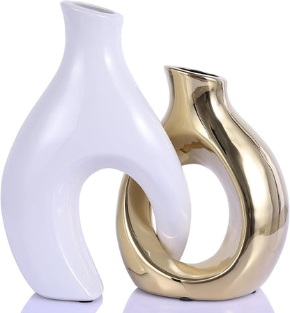 Ceramic Decorative Vases 2 Piece Set, Bohemian Style Openwork White and Gold Decorative Vases, Home Decor Aesthetics for Kitchen Cabinets, Office, Bedroom, Dresser, Entryway Table Decor.