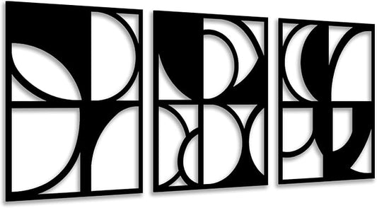 CHATYOUNG Metal Abstract Black Wall Art, 3 Piece Modern Minimalist Wall Sculptures Geometric Black and White Artwork for Living Room Bedroom Kitchen Home Office Decor 36L x 16W