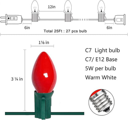 25Ft Christmas Lights Outdoor, C7 Vintage Christmas Lights with 27 Red White and Green Ceramic Bulbs, Hanging Outdoor Decorations Light Waterproof for Holidays Patio Garden Party Roofline