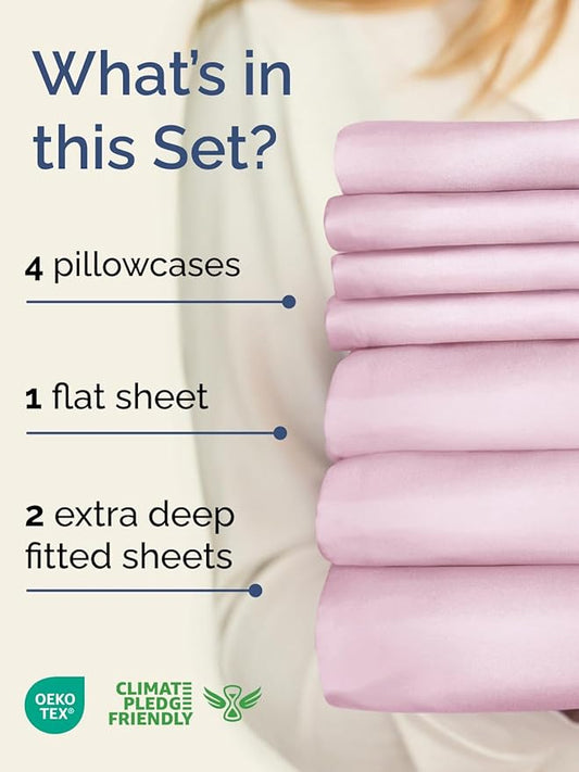 Extra Deep Split King Sheet Set - 7 Piece Breathable & Cooling Sheets - Hotel Luxury Bed Sheets Set - Easy Fit - Soft, Wrinkle Free & Comfy Sheets Set - Light Pink Sheet Set with Extra Deep Pockets