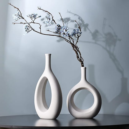 White Ceramic Vase Set 2,Modern Hollow Circle with Hole Flower Vase for Home Decor,for Table Centerpieces,Farmhouse,Fire Place,Living Room,Bedroom,Office,Bookshelf,Rustic Decor