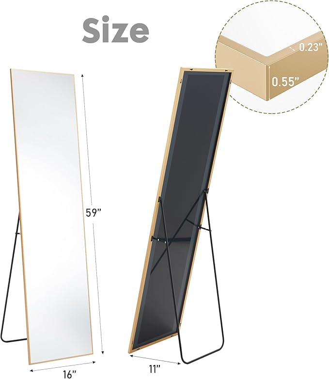 Sweetcrispy 59"x16" Full Length Mirror, Standing or Leaning Full Body Mirror with Aluminum Alloy Thin Frame, Suitable for Bedroom or Cloakroom,Gold