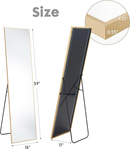 Sweetcrispy 59"x16" Full Length Mirror, Standing or Leaning Full Body Mirror with Aluminum Alloy Thin Frame, Suitable for Bedroom or Cloakroom,Gold
