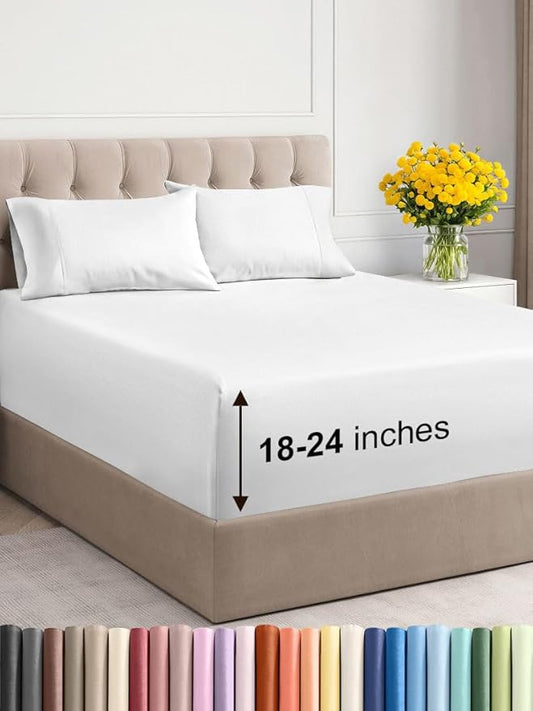 Extra Deep Twin Sheet Set - 4 Piece Breathable and Cooling Sheets - Hotel Luxury Bed Sheets Set - Easy & Secure Fit - Soft, Wrinkle Free and Comfy Sheets Set - White Sheet Set with Extra Deep Pockets