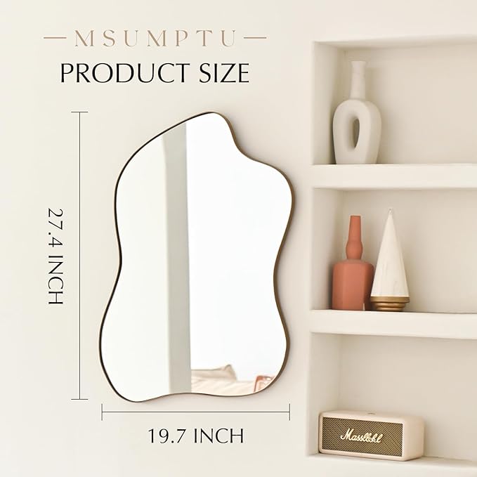 Irregular Wall Mirror Brass Wave Shaped Matel Framed Wall Mirror for Bathroom Bedroom Entryway Living Room Wall Decor 28" L x 20" W 2304G