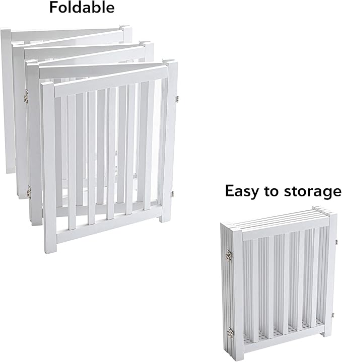 LZRS 6-Panel Extra-Wide Freestanding Wooden Dog Gate – 24”High Foldable Safety Pet Barrier for Doorways, Hallways, Kitchens, and Long Staircases, Durable Design fit Small to Medium Dogs, White