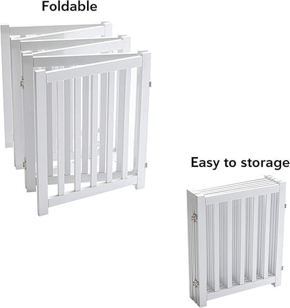 LZRS 6-Panel Extra-Wide Freestanding Wooden Dog Gate – 24”High Foldable Safety Pet Barrier for Doorways, Hallways, Kitchens, and Long Staircases, Durable Design fit Small to Medium Dogs, White