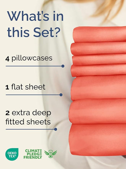 Extra Deep Split King Sheet Set - 7 Piece Breathable & Cooling Sheets - Hotel Luxury Bed Sheets Set - Easy & Secure Fit - Soft, Wrinkle Free & Comfy Sheets Set - Coral Sheet Set w/Extra Deep Pockets