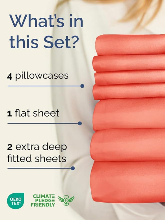 Extra Deep Split King Sheet Set - 7 Piece Breathable & Cooling Sheets - Hotel Luxury Bed Sheets Set - Easy & Secure Fit - Soft, Wrinkle Free & Comfy Sheets Set - Coral Sheet Set w/Extra Deep Pockets