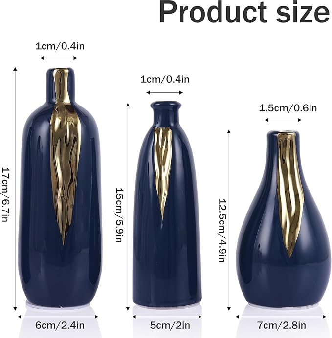 Ceramic Decorative Vases Set of 3, Blue and Gold Vases for Home Decor, centerpieces on Modern Farmhouse Living Room Table Shelves, Office Bookshelf Decorations and Ornaments.