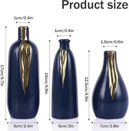 Ceramic Decorative Vases Set of 3, Blue and Gold Vases for Home Decor, centerpieces on Modern Farmhouse Living Room Table Shelves, Office Bookshelf Decorations and Ornaments.