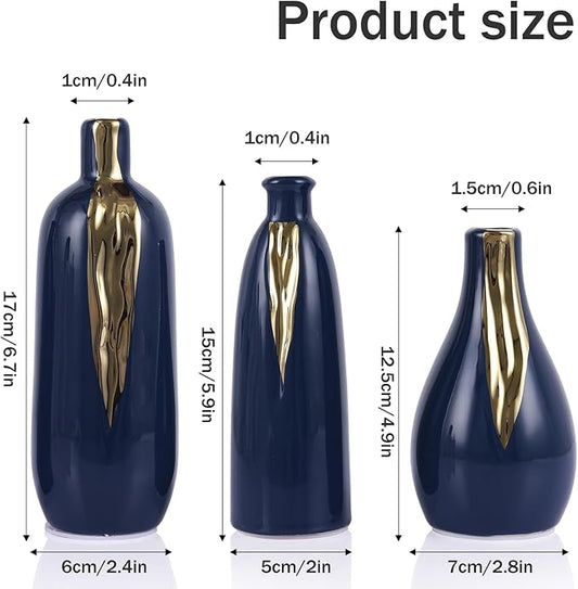 Ceramic Decorative Vases Set of 3, Blue and Gold Vases for Home Decor, centerpieces on Modern Farmhouse Living Room Table Shelves, Office Bookshelf Decorations and Ornaments.