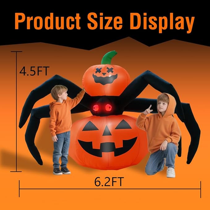 GARIG 6FT Halloween Inflatables Outdoor Decorations Pumpkin Spider Build-in LEDs Lights Blow Up Yard Decorations for Garden Lawn Indoor Party Holiday Decor