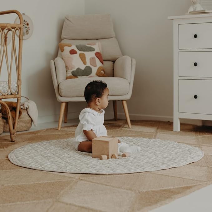 Frankie Lane French Linen.Reversible Playmat for Infants, Girl or boy. Nursery Decor Tummy time mat. Round Soft Indoor Area Padded Toddler Baby mat Rug Playroom Baby Floor mats (Natural)