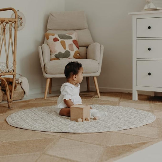 Frankie Lane French Linen.Reversible Playmat for Infants, Girl or boy. Nursery Decor Tummy time mat. Round Soft Indoor Area Padded Toddler Baby mat Rug Playroom Baby Floor mats (Natural)