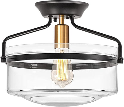 Semi Flush Mount Ceiling Light, 14.2" Farmhouse Fixture, Industrial Black and Gold Finish With Clear Glass for Hallway, Porch, Kitchen