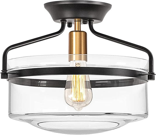 Semi Flush Mount Ceiling Light, 14.2" Farmhouse Fixture, Industrial Black and Gold Finish With Clear Glass for Hallway, Porch, Kitchen